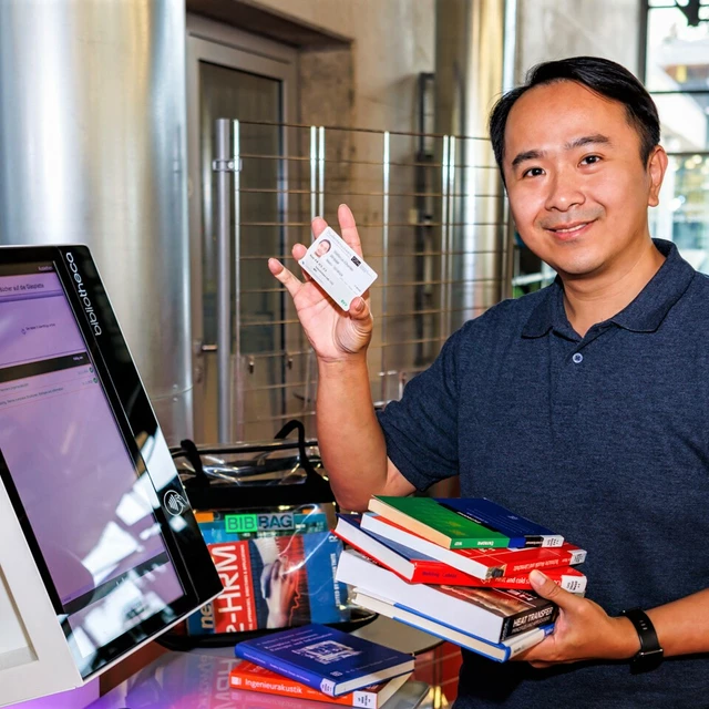  	Ein Student steht mit ein paar Büchern in der Hand am Ausleihautomat und hält in der anderen Hand seinen Studentenausweis hoch.
